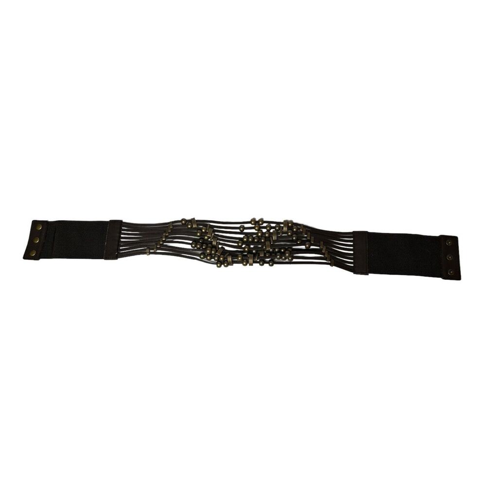 Vintage ANGIE Wide Brown Beaded Faux Leather Elastic Stretch Snap Closure‎ Belt